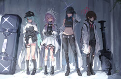Rule 34 | 4girls, absurdres, arius squad (blue archive), armband, atsuko (blue archive), backpack, bag, baseball cap, belt boots, black footwear, black gloves, black hair, black headwear, black hoodie, black mask, black socks, blue archive, blue eyes, blush, boots, braid, brown hair, cabbie hat, closed mouth, commentary request, crop top, dress, fim-92 stinger, full body, gas mask, gloves, green eyes, hair over one eye, hair ribbon, halo, hands in pockets, hat, highres, hiyori (blue archive), holding, holding mask, holster, hood, hood down, hooded jacket, hoodie, jacket, kneehighs, light green hair, long hair, long sleeves, looking at viewer, mask, mask pull, unworn mask, midriff, misaki (blue archive), mouth mask, multiple girls, navel, pants, bulletproof vest, purple hair, red eyes, revision, ribbon, rocket launcher, saori (blue archive), scarf, short hair, side ponytail, socks, standing, stomach, surgical mask, thigh holster, torn clothes, torn pants, toshizou (0714), turtleneck, twin braids, weapon, weapon case, white dress, white jacket, white scarf, white socks, yellow ribbon