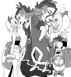 Rule 34 | 1boy, 1girl, adaman (pokemon), bad id, bad twitter id, blush, bracelet, closed mouth, coat, collar, collarbone, commentary, creatures (company), dede (qwea 00000), eye contact, eyebrow cut, frown, game freak, greyscale, hairband, hand in pocket, hetero, highres, irida (pokemon), jewelry, looking at another, monochrome, multicolored hair, multiple views, neck ring, nintendo, pokemon, pokemon legends: arceus, robe, sash, shirt, short hair, shorts, standing, sweat, waist cape