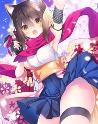 Rule 34 | 1girl, animal ear fluff, animal ears, arm up, armpits, blue archive, blush, breasts, commentary request, fang, fox ears, gloves, hair between eyes, hair ornament, highres, izuna (blue archive), looking at viewer, nanamomo rio, scarf, school uniform, short hair, sky, sleeveless, solo, thigh strap, thighs, yellow eyes