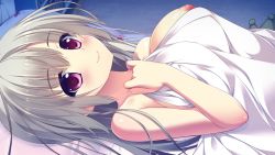Rule 34 | 1girl, ameto yuki, bed, blush, breasts, covering privates, female focus, game cg, grey hair, large breasts, long hair, looking at viewer, lying, nipples, nude, pillow, pink eyes, pure x connect, shinozaki ayumi (pure x connect), smile, solo, under covers
