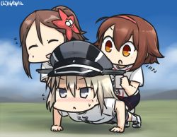 Rule 34 | &gt;:&lt;, 10s, 3girls, :&lt;, :d, ^ ^, ahoge, all fours, alternate costume, amagi (kancolle), bismarck (kancolle), blush, brown eyes, brown hair, cable, cellphone, closed mouth, commentary request, dated, earphones, closed eyes, flying sweatdrops, hair ornament, hamu koutarou, holding, kantai collection, long hair, multiple girls, musical note, open mouth, phone, ponytail, push-ups, quaver, riding, shiratsuyu (kancolle), shirt, short hair, grey eyes, silver hair, sketch, smartphone, smile, sportswear, sweat, t-shirt, translation request, v-shaped eyebrows