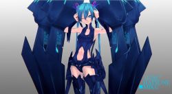 Rule 34 | 1girl, alternate costume, blue eyes, blue hair, blurry, boots, breasts, character name, cleavage, female focus, hand on headphones, hatsune miku, headphones, jun project, junp, long hair, matching hair/eyes, midriff, one eye closed, open mouth, shoes, simple background, sleeveless, solo, speaker, thigh boots, thighhighs, twintails, vocaloid, wink