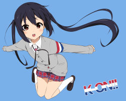 Rule 34 | 1girl, black hair, blue background, blush, bolo tie, brown eyes, buttons, cardigan, copyright name, dress shirt, full body, highres, k-on!, k-on! movie, loafers, long hair, mousou (mousou temporary), nakano azusa, official style, open mouth, outstretched arms, plaid, plaid skirt, pleated skirt, round teeth, shirt, shoes, simple background, skirt, sleeves past wrists, smile, socks, solo, sweater vest, teeth, twintails, union jack, white socks
