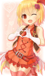 Rule 34 | 1girl, alternate costume, belt, blonde hair, chiroshiron, dress, elbow gloves, flower, gloves, hair flower, hair ornament, hair ribbon, heart, heart hands, highres, looking at viewer, one eye closed, open clothes, open mouth, open vest, red dress, red eyes, red thighhighs, ribbon, rumia, short hair, smile, solo, thighhighs, touhou, vest, white gloves, zettai ryouiki