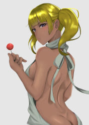 Rule 34 | 1girl, back, back focus, backless dress, backless outfit, bad id, bad pixiv id, bare back, bare shoulders, blonde hair, blue eyes, blunt bangs, breasts, butt crack, candy, closed mouth, dark-skinned female, dark skin, dimples of venus, dress, female focus, food, from behind, grey background, grey dress, grey theme, halterneck, hand up, highres, holding, huihuimao, lollipop, looking at viewer, looking back, medium breasts, meme attire, naked sweater, no bra, no panties, original, ribbed sweater, short hair, shoulder blades, sideboob, simple background, sleeveless, sleeveless turtleneck, solo, sweater, sweater dress, turtleneck, turtleneck sweater, twintails, virgin killer sweater