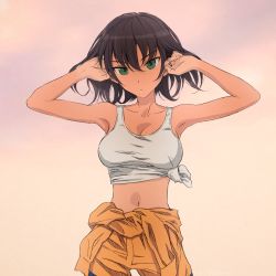Rule 34 | 10s, 1girl, akagi (fmttps), armpits, arms up, breasts, brown hair, cleavage, closed mouth, clothes pull, commentary, cowboy shot, dark-skinned female, dark skin, girls und panzer, gradient background, green eyes, hands in hair, hoshino (girls und panzer), jumpsuit, light frown, looking at viewer, mechanic, medium breasts, midriff, navel, orange jumpsuit, shirt, shirt pull, short hair, solo, standing, tank top, tied shirt, twitter username, uniform, white shirt