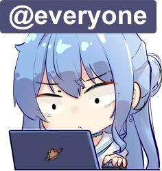 Rule 34 | 1girl, blue hair, chibi, closed mouth, collared shirt, commentary, computer, earrings, english commentary, english text, frown, hair between eyes, holding, hololive, hoshimachi suisei, jewelry, laptop, long hair, miaoema, mouse (computer), official alternate costume, school uniform, shirt, sidelocks, simple background, solo, upper body, v-shaped eyebrows, virtual youtuber, white background