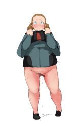 Rule 34 | 1girl, absurdres, bar censor, blue eyes, blush, bottomless, brown hair, censored, embarrassed, fat, female focus, gundam, gundam suisei no majo, harusame kakigoori, highres, lilique kadoka lipati, long hair, looking at viewer, pussy, simple background, solo, sweat, twintails, white background