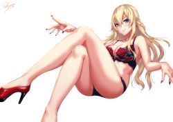 Rule 34 | 1girl, bare shoulders, black bra, black panties, blonde hair, blue eyes, blue nails, bra, braid, breasts, cleavage, closed mouth, collarbone, commentary request, crossed legs, hair between eyes, hand up, high heels, highres, kantai collection, large breasts, long hair, multicolored nails, nail polish, panties, red bra, red footwear, red nails, red panties, sakiyamama, sidelocks, simple background, sitting, smile, solo, thighs, two-tone bra, two-tone panties, underwear, underwear only, warspite (kancolle)
