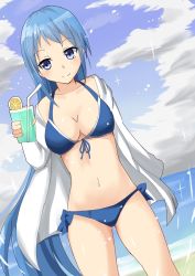 Rule 34 | 10s, 1girl, alternate breast size, beach, bikini, blue bikini, blue eyes, blue hair, blue sky, blush, breasts, cleavage, cloud, cup, day, drink, drinking glass, drinking straw, dutch angle, food, front-tie bikini top, front-tie top, fruit, holding, holding cup, holding drinking glass, jad325, kantai collection, lemon, lemon slice, long hair, matching hair/eyes, navel, ocean, outdoors, samidare (kancolle), sand, shirt, sky, sleeves past wrists, smile, solo, swimsuit, very long hair