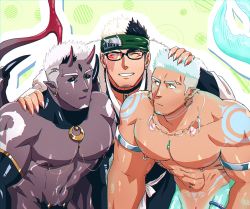 Rule 34 | 3boys, abs, aqua hair, bara, bare shoulders, black hair, black sclera, black skin, bodypaint, colored sclera, colored skin, dark-skinned male, dark skin, demon boy, demon horns, demon tail, detached sleeves, facial hair, fingernails, fins, fle0423, glasses, goatee, gold, hand on another&#039;s head, hand on another&#039;s shoulder, head fins, headband, highres, horns, jewelry, large pectorals, loincloth, male focus, mature male, merman, monster boy, multicolored hair, multiple boys, muscular, muscular male, navel, navel piercing, necklace, nipple piercing, nipple rings, nipples, original, pectorals, piercing, pubic tattoo, revealing clothes, scar, scar across eye, sharp fingernails, short hair, sideburns, smile, stomach, tail, tattoo, thick arms, third eye, tooth necklace, topless male, two-tone hair, white hair