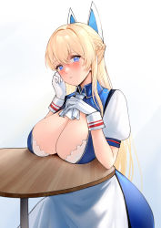 Rule 34 | 1girl, @ @, absurdres, apron, ascot, azur lane, blonde hair, blue dress, blue eyes, blush, braid, breast rest, breasts, breasts on table, cl (summer sama), cleavage, cleavage cutout, clothing cutout, collared dress, commentary request, commission, dress, glorious (azur lane), gloves, hair between eyes, hair ornament, hands up, highres, large breasts, long hair, looking at viewer, parted lips, pixiv commission, puffy short sleeves, puffy sleeves, short sleeves, simple background, solo, symbol-shaped pupils, table, very long hair, white apron, white ascot, white background, white gloves, wooden table