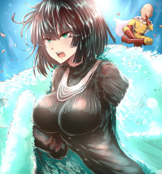 Rule 34 | &gt;:o, 1boy, 1girl, :o, bald, belt, black eyes, black hair, blush, bodysuit, boots, breasts, cape, floating rocks, fubuki (one-punch man), full body, fur, fur cape, gloves, green eyes, hair between eyes, jewelry, knee boots, large breasts, levitation, necklace, nose picking, one-punch man, open mouth, red footwear, red gloves, ribbed sweater, saitama (one-punch man), short hair, skin tight, sweater, tai (nazutai), turtleneck, upper body, v-shaped eyebrows, white cape, zipper