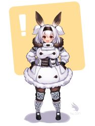 Rule 34 | !, 1girl, alvis (last origin), blush, breasts, brown pantyhose, coat, full body, fur jacket, hair between eyes, hands on own hips, highres, jacket, knee pads, large breasts, last origin, looking at viewer, open mouth, oppai loli, pantyhose, revision, short hair, smile, toriseru (rare stone), twintails, two side up, white hair