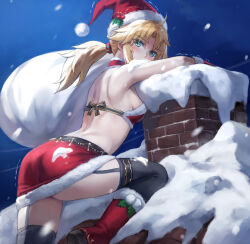 Rule 34 | 1girl, ass, back, black thighhighs, blonde hair, braid, breasts, fate/apocrypha, fate (series), french braid, fur-trimmed headwear, fur trim, garter straps, green eyes, hat, highres, long hair, looking at viewer, mordred (fate), mordred (fate/apocrypha), parted bangs, ponytail, red hat, revision, santa costume, santa hat, sideboob, sidelocks, small breasts, solo, thighhighs, thighs, tonee