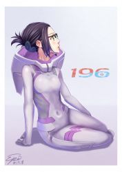 Rule 34 | 10s, 1girl, arm support, black-framed eyewear, black hair, blush, bodysuit, covered navel, darling in the franxx, dated, green eyes, hair ornament, highres, ikuno (darling in the franxx), looking to the side, parted lips, ribs, sakumichi, short hair, sidelocks, signature, simple background, sitting, skin tight, solo