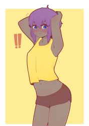 Rule 34 | !, !!, 1girl, ^^^, ahoge, arms behind head, arms up, blush, brown shorts, crop top, dark-skinned female, dark skin, fate/prototype, fate/prototype: fragments of blue and silver, fate (series), hair between eyes, hassan of serenity (fate), highres, i.u.y, looking at viewer, midriff, navel, purple eyes, purple hair, short hair, short shorts, shorts, solo, sweat, tank top, two-tone background, white background, yellow background, yellow tank top