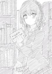 Rule 34 | 1girl, 7 calpis 7, blazer, blush, book, bookshelf, bow, braid, closed mouth, collared shirt, commentary request, dress shirt, fingernails, greyscale, hair between eyes, hair bow, highres, holding, holding book, indoors, jacket, long sleeves, looking at viewer, monochrome, open clothes, open jacket, original, pleated skirt, school uniform, shirt, single braid, skirt, sleeves past wrists, solo, translation request