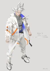 Rule 34 | 1boy, alternate costume, character name, coat, collarbone, covered abs, dragon ball, dragon ball super, english text, full body, grey eyes, highres, ksuke (k-taro31), looking at viewer, male focus, mature male, open clothes, open coat, pants, pectorals, shirt, short hair, silver hair, skin tight, solo, son goku, spiked hair, super saiyan, taut clothes, taut shirt, toned, toned male, ultra instinct, white coat, white pants, white theme