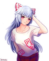 Rule 34 | 1girl, alternate costume, arm behind back, artist name, collarbone, commentary request, contrapposto, fujiwara no mokou, hair ribbon, hand in own hair, hand on own head, head tilt, highres, long hair, looking at viewer, ofuda, pants, partial commentary, red eyes, red pants, ribbon, shirt, short sleeves, silver hair, simple background, solo, standing, t-shirt, torinosukei, touhou, upper body, very long hair, white background