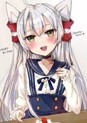 Rule 34 | 1girl, alternate costume, amatsukaze (kancolle), blouse, blue dress, blue sailor collar, cake, cake slice, character name, chigasaki yukari, commentary request, cowboy shot, dress, food, hair tubes, happy birthday, kantai collection, long hair, looking at viewer, sailor collar, shirt, shortcake, silver hair, simple background, smile, smokestack hair ornament, solo, strawberry shortcake, two side up, white background, white shirt