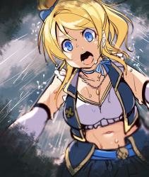 Rule 34 | 10s, 1girl, ajishio, angry, ayase eli, bare shoulders, blonde hair, blue eyes, breasts, cleavage, cloud, from below, gloves, jewelry, looking at viewer, looking down, love live!, love live! school idol project, midriff, navel, necklace, no brand girls, open mouth, ponytail, pov, rain, skirt, sky, solo, wet, white gloves