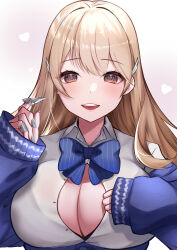 Rule 34 | 1girl, :d, absurdres, blonde hair, blue bow, blue bowtie, blue jacket, blush, bow, bowtie, breasts, brown eyes, claw ring, cleavage, collared shirt, goddess of victory: nikke, hair ornament, heart, highres, huge breasts, jacket, jewelry, long hair, looking at viewer, multiple rings, noro (akatuki 1110), off-shoulder jacket, off shoulder, open mouth, partially unbuttoned, puffy sleeves, ring, shirt, sleeves past wrists, smile, solo, tia (nikke), white shirt