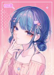 1girl absurdres bare_shoulders blue_eyes blue_hair chromatic_aberration closed_mouth collarbone double_bun earrings hair_bun hair_ornament hairclip heart heart_hair_ornament highres iblos1202 jewelry kiritani_haruka long_sleeves looking_at_viewer more_more_jump!_(project_sekai) nail_polish off-shoulder_sweater off_shoulder project_sekai smile solo sweater upper_body yellow_nails