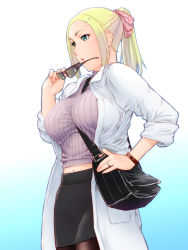 Rule 34 | 1girl, between breasts, blonde hair, blue eyes, bow, breasts, hair bow, hair ornament, hairclip, impossible clothes, jewelry, lab coat, large breasts, navel, original, pantyhose, ponytail, ring, skirt, sleeves rolled up, solo, strap between breasts, sunglasses, ueyama michirou