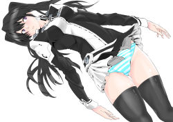 Rule 34 | 1girl, absurdres, arms at sides, black hair, black thighhighs, blush, d.gray-man, groin, highres, kimuwaipu, lenalee lee, long hair, looking to the side, panties, parted lips, purple eyes, skirt, solo, striped clothes, striped panties, thighhighs, thighs, twintails, underwear, white background, white skirt