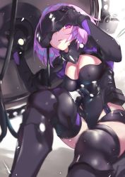 Rule 34 | 1girl, armor, armored dress, black armor, black gloves, black leotard, black thighhighs, breasts, cleavage, cleavage cutout, clothing cutout, commentary request, fate/grand order, fate (series), gloves, gorget, head-mounted display, holding, holding shield, large breasts, leg armor, leotard, looking at viewer, mash kyrielight, mash kyrielight (ortenaus), ohland, pink hair, purple eyes, shield, short hair, shoulder armor, sitting, solo, thighhighs, visor lift