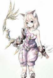 Rule 34 | 1girl, animal ears, aqn (masamune), aqua eyes, armor, bare shoulders, blonde hair, bow (weapon), collarbone, elin, female focus, gloves, gradient background, greaves, heart, highres, short hair, single bare shoulder, solo, tera online, weapon, white background