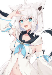 Rule 34 | 1girl, ahoge, animal ear fluff, animal ear piercing, animal ears, aqua eyes, arm up, blue neckerchief, braid, breasts, commentary, detached sleeves, fox ears, fox girl, fox shadow puppet, fox tail, hair between eyes, highres, hololive, long hair, looking at viewer, navel, neckerchief, open mouth, po (yyai119), shirakami fubuki, shirt, side braid, simple background, small breasts, smile, solo, tail, teeth, tongue, upper body, upper teeth only, virtual youtuber, white background, white hair, white shirt, wide sleeves