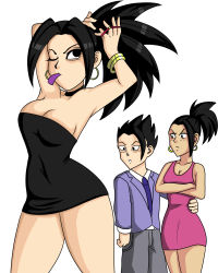 Rule 34 | 1boy, 2girls, alternate costume, angry, armpits, arms up, artist request, bare arms, bare legs, bare shoulders, black dress, black eyes, black hair, bracelet, breasts, cabba, caulifla, cleavage, collarbone, cosplay, crossed arms, dragon ball, dragon ball super, dress, earrings, hand on another&#039;s hip, hetero, high ponytail, highres, hoop earrings, jealous, jewelry, kale (dragon ball), large breasts, long hair, medium breasts, multiple girls, neck, pink dress, scrunchie, short dress, short hair, simple background, standing, strapless, strapless dress, surprised, thick thighs, thighs, tube dress, tying hair, white background