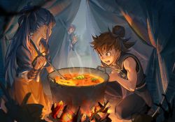 Rule 34 | 1girl, absurdres, bonfire, bowl, chinese commentary, commentary request, cooking, fire, fire emblem, fire emblem fates, fire emblem heroes, food, highres, hinata (fire emblem), kaden (fire emblem), ladle, mavis fuji, multiple boys, nintendo, oboro (fire emblem), open mouth, pot, smile, subaki (fire emblem), tent