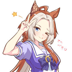 Rule 34 | &gt; o, 1girl, ahoge, animal ears, arm up, blue eyes, bow, bowtie, breasts, brown hair, commentary request, ear covers, ear ornament, hikasa youko, horse ears, horse girl, horseshoe ornament, long hair, looking at viewer, medium breasts, multicolored hair, one eye closed, orfevre (umamusume), parted bangs, puffy short sleeves, puffy sleeves, purple bow, purple bowtie, purple sailor collar, purple shirt, sailor collar, sailor shirt, school uniform, shiromaru (maniado), shirt, short sleeves, sidelocks, simple background, single ear cover, smile, solo, standing, star (symbol), summer uniform, tehepero, tongue, tongue out, tracen school uniform, translation request, two-tone hair, umamusume, upper body, v, voice actor connection, white background, white hair