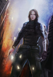 Rule 34 | 1boy, blue eyes, brown hair, captain america the winter soldier, harness, james buchanan barnes, knife, male focus, marvel, marvel cinematic universe, prosthesis, prosthetic arm, solo, sparks, star (symbol), weapon