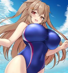 Rule 34 | 1girl, blue one-piece swimsuit, blush, breasts, brown eyes, cloud, cloudy sky, competition swimsuit, covered navel, cowboy shot, day, hair flaps, hair ornament, hairclip, heterochromia, highres, kantai collection, large breasts, light brown hair, long hair, looking at viewer, montemasa, murasame (kancolle), murasame kai ni (kancolle), one-piece swimsuit, open mouth, outdoors, red eyes, sky, smile, solo, swimsuit, two-tone swimsuit, two side up