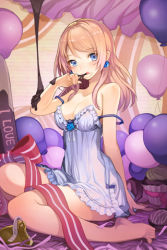 Rule 34 | 1girl, balloon, bare shoulders, barefoot, blonde hair, blue eyes, bow, breasts, chocolate, cleavage, cocorip, collarbone, cupcake, earrings, food, frills, grin, jewelry, licking, lingerie, long hair, lowres, negligee, open mouth, pajamas, ribbon, rose pacifica, sitting, smile, solo, strap slip, striped, swept bangs, sword girls, underwear, wariza