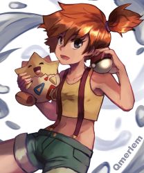 Rule 34 | artist name, asymmetrical hair, blue eyes, blush, breasts, creatures (company), denim, denim shorts, eyelashes, game freak, gen 2 pokemon, gym leader, hair between eyes, hair tie, heart, highres, looking at viewer, misty (pokemon), navel, nintendo, open mouth, orange hair, pokemon, pokemon (anime), pokemon (classic anime), pokemon (creature), ponytail, qmerlem, shirt, short hair, short shorts, shorts, side ponytail, smile, solo, stomach, suspenders, tank top, togepi, yellow shirt, yellow tank top