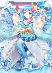 Rule 34 | 1girl, bare shoulders, blue hair, bow, breasts, bud (znehgneh2), cleavage, eyebrows, eyelashes, fins, hair ornament, head fins, highres, jewelry, liquid hair, lolita fashion, long hair, looking at viewer, magatama, mermaid, monster girl, necklace, off shoulder, orb, original, scales, shell, shell hair ornament, sitting, smile, solo, staff, star (symbol), star hair ornament, torii, wa lolita, water, wide sleeves, xlavhzhr04, yellow eyes