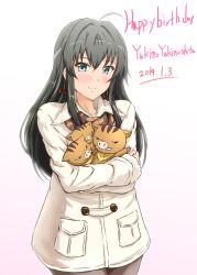Rule 34 | 1girl, ahoge, black hair, blue eyes, blush, boar, bow, carrying, character name, commentary request, cowboy shot, crossed arms, dated, diesel-turbo, english text, hair bow, happy birthday, jacket, long hair, looking at viewer, solo, standing, white background, yahari ore no seishun lovecome wa machigatteiru., yukinoshita yukino