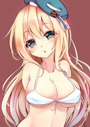 Rule 34 | 10s, 1girl, atago (kancolle), bikini, blonde hair, blush, breasts, cleavage, covered erect nipples, front-tie top, green eyes, hat, kantai collection, large breasts, long hair, looking at viewer, open mouth, simple background, solo, suishin tenra, suitenjh, swimsuit, white bikini