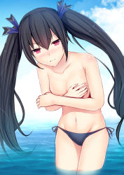 Rule 34 | 1girl, bikini, bikini bottom only, black hair, blue sky, blush, breasts, cleavage, cloud, cloudy sky, collarbone, covering privates, covering breasts, cowboy shot, daiaru, day, embarrassed, groin, hair between eyes, hair ribbon, in water, long hair, looking at viewer, medium breasts, navel, neptune (series), noire (neptunia), outdoors, red eyes, ribbon, sky, solo, standing, swimsuit, topless, twintails, very long hair, wading, wavy mouth