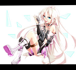 Rule 34 | 1girl, absurdres, ahoge, black thighhighs, blue eyes, boots, braid, highres, ia (vocaloid), kagamine09, letterboxed, long hair, microphone, microphone stand, off shoulder, open mouth, single thighhigh, skirt, solo, thigh strap, thighhighs, twin braids, very long hair, vocaloid