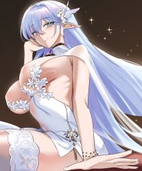 Rule 34 | absurdres, albion (azur lane), albion (scent of spring in the red pavilion) (azur lane), azur lane, backless dress, backless outfit, breasts, butterfly hair ornament, covered erect nipples, covered navel, dress, hair ornament, hand up, highres, lace, lace-trimmed thighhighs, long hair, long pointy ears, pointy ears, revealing clothes, saki (remainaddd), see-through, see-through dress, sideboob, sitting, sleeveless, sleeveless dress, thighhighs, white dress, white hair, white thighhighs
