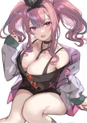 Rule 34 | azur lane, between breasts, breasts, bremerton (azur lane), bremerton (day-off date) (azur lane), choker, collar, denchu (kazudentyu), eyewear hang, unworn eyewear, hairband, highres, jacket, knees together feet apart, large breasts, looking at viewer, official alternate costume, open mouth, pink eyes, pink hair, red hair, sitting, solo, sunglasses, thick thighs, thighs, twintails, white background
