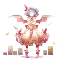 Rule 34 | 1girl, 60mai, bat wings, blue hair, blush, boots, bow, closed eyes, fang, frilled skirt, frills, full body, hat, hat ribbon, jewelry, mob cap, money, puffy sleeves, remilia scarlet, ribbon, sash, shirt, short hair, short sleeves, simple background, skirt, skirt set, smile, solo, touhou, vest, white background, wings, wrist cuffs