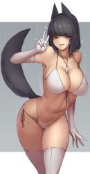 Rule 34 | 1girl, absurdres, animal ears, bikini, black eyes, black hair, breasts, cleavage, collarbone, curvy, elbow gloves, gloves, halterneck, highres, jewelry, large breasts, leaning forward, makino momiji (artist), midriff, navel, necklace, original, panties, side-tie bikini bottom, side-tie panties, skindentation, smile, solo, string bikini, swimsuit, tail, thighhighs, underwear, v, white bikini, white gloves, wide hips