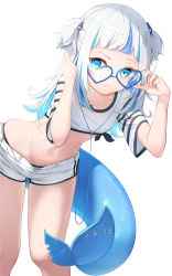 Rule 34 | 1girl, absurdres, bare legs, blue hair, collarbone, colored inner hair, earphones, fins, fish tail, gawr gura, glasses, grey hair, heart, heart-shaped eyewear, highres, hololive, hololive english, leaning forward, long hair, midriff, multicolored hair, navel, raised eyebrow, shark tail, shirt, short shorts, shorts, simple background, solo, streaked hair, tail, thighs, three twosix, tied shirt, two side up, virtual youtuber, white background